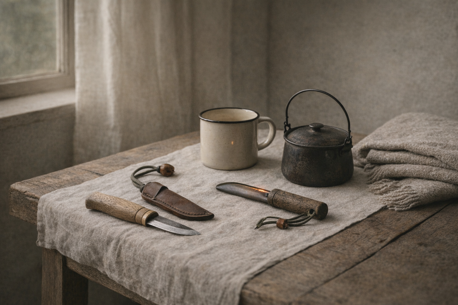 Snittekniv, emaljekop, bålgryde og uldtæppe på et gammelt træbord